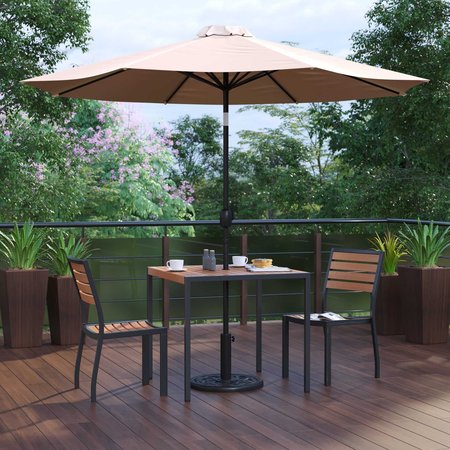 FLASH FURNITURE Faux Teak 35" Table-Tan Umbrella-Base-2 Chairs XU-DG-810060362-UB19BTN-GG